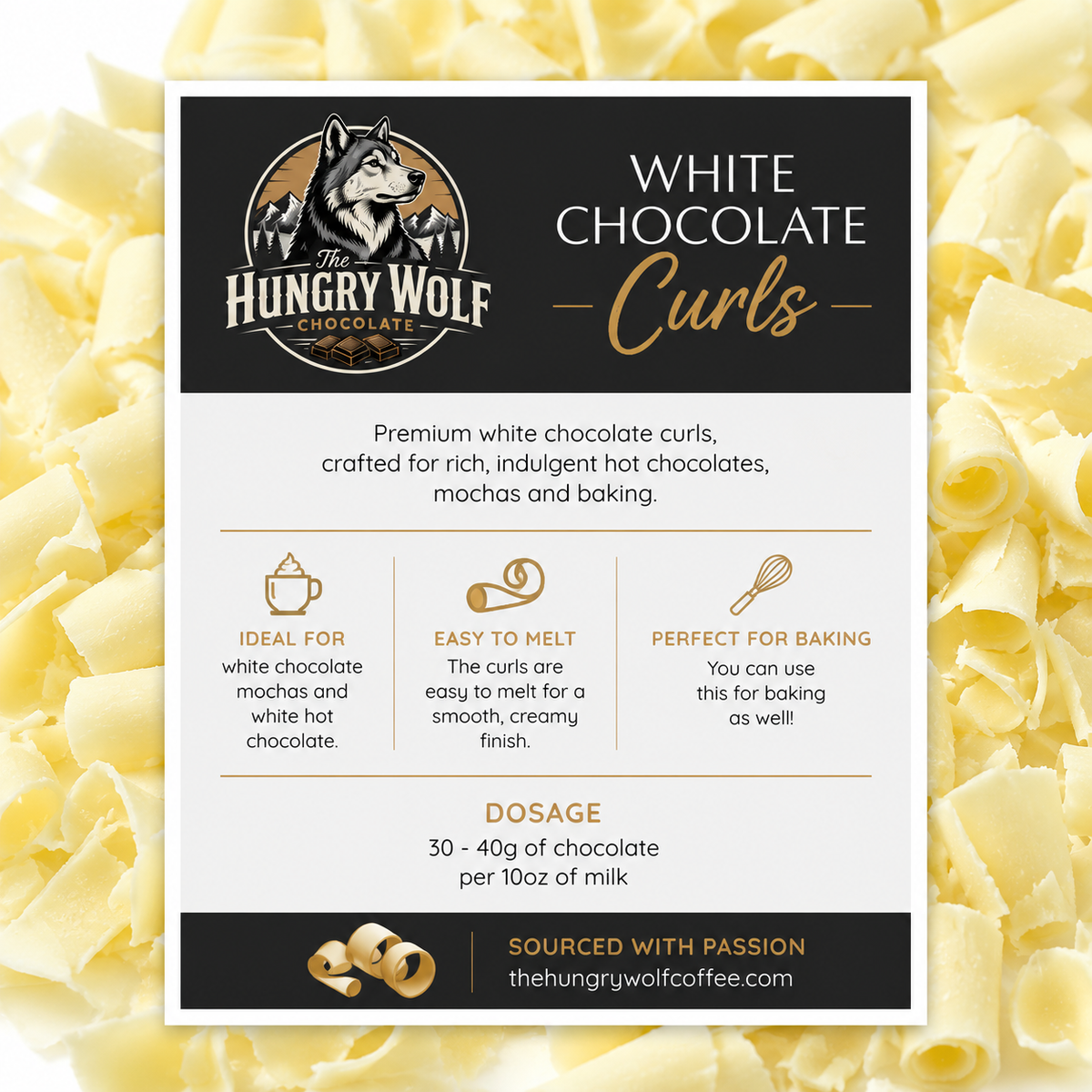 The Hungry Wolf White Chocolate Curls – Perfect for Mochas, Hot Chocolate & Baking