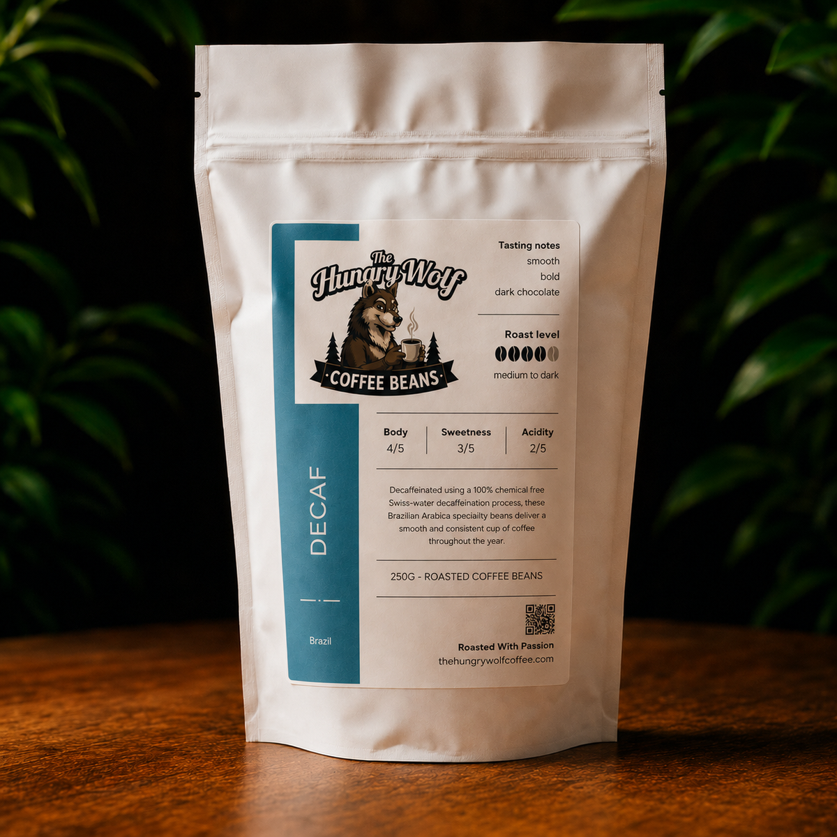 The Hungry Wolf Swiss-Water Decaf Coffee Beans  | Chemical-Free Decaffeinated Coffee | Dark Chocolate Notes