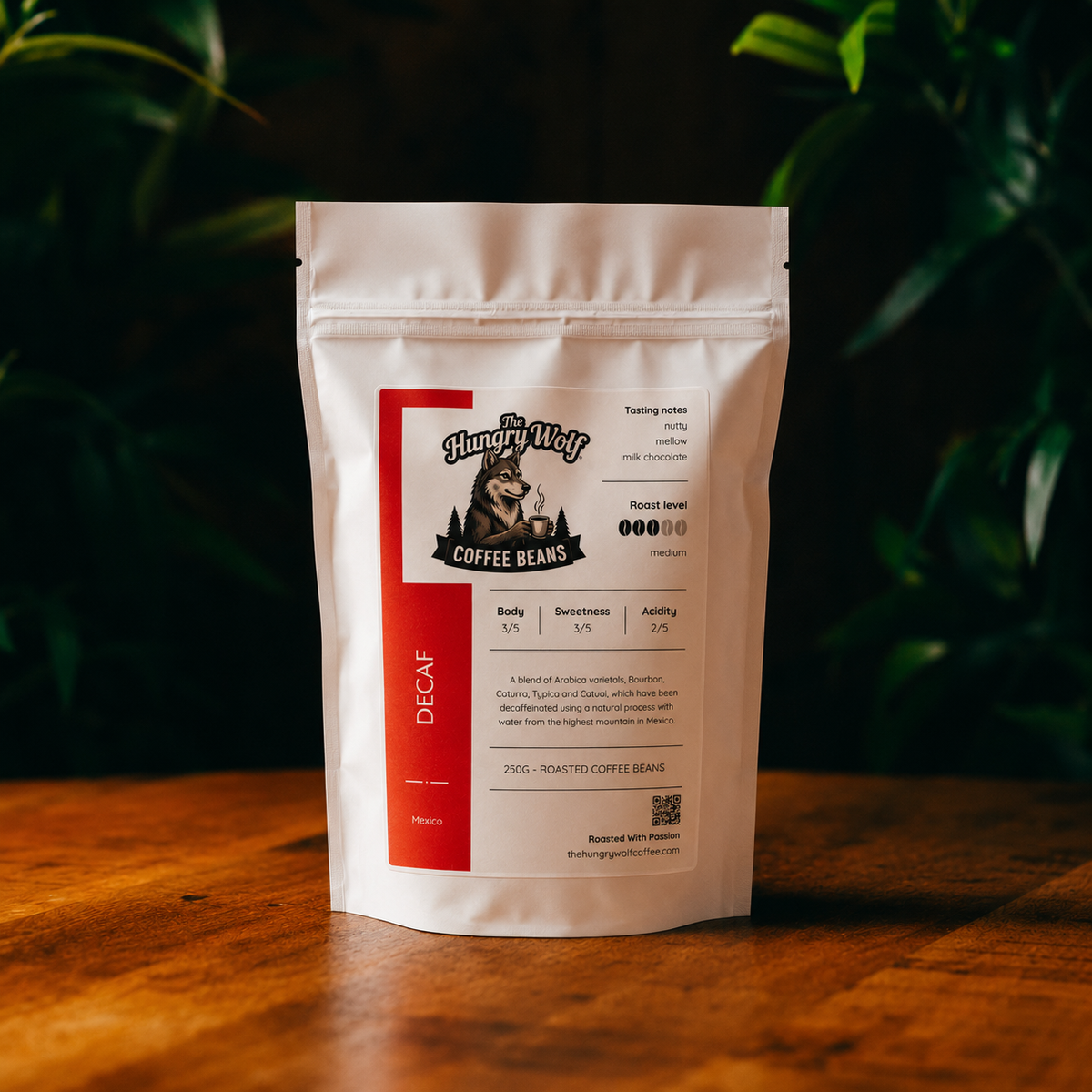 The Hungry Wolf Mountain Water Process Decaf Coffee Beans – Mexico | 250g | Naturally Decaffeinated | Milk Chocolate, Nutty & Mellow