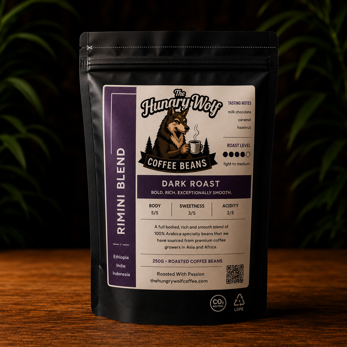 The Hungry Wolf Rimini Blend Coffee Beans | Dark Roast Specialty Arabica | Rich Espresso Blend with Dark Chocolate Notes
