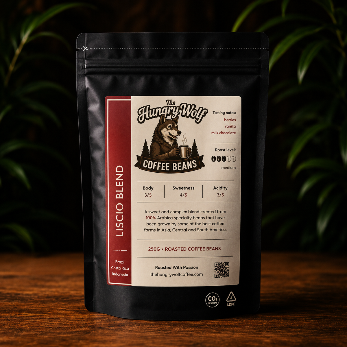 The Hungry Wolf Liscio Blend Coffee Beans | Medium Roast Specialty Arabica | Berry, Vanilla & Milk Chocolate Notes